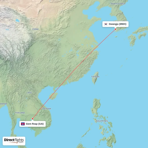 Gwangju - Siem Reap direct flight map
