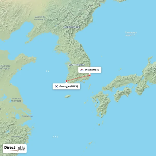 Gwangju - Ulsan direct flight map