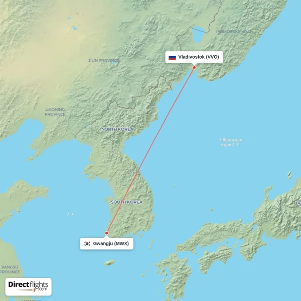 Gwangju - Vladivostok direct flight map