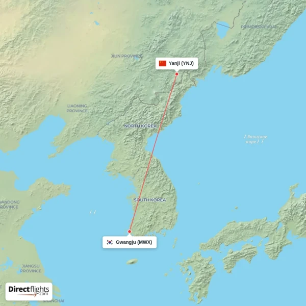Gwangju - Yanji direct flight map