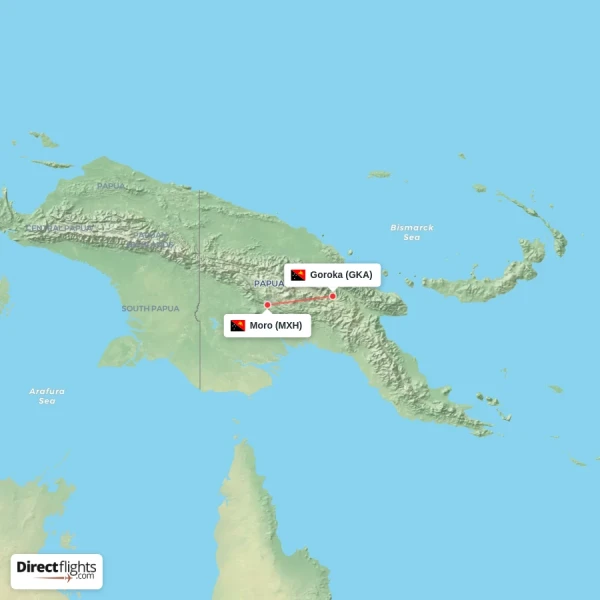 Moro - Goroka direct flight map