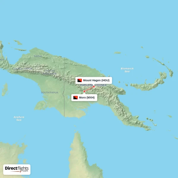 Moro - Mount Hagen direct flight map