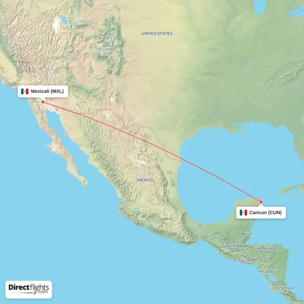 Mexicali - Cancun direct flight map