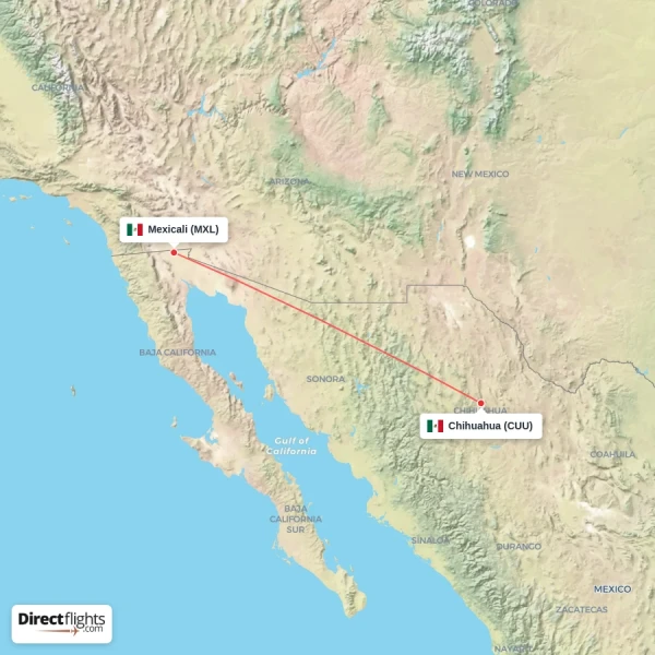 Mexicali - Chihuahua direct flight map