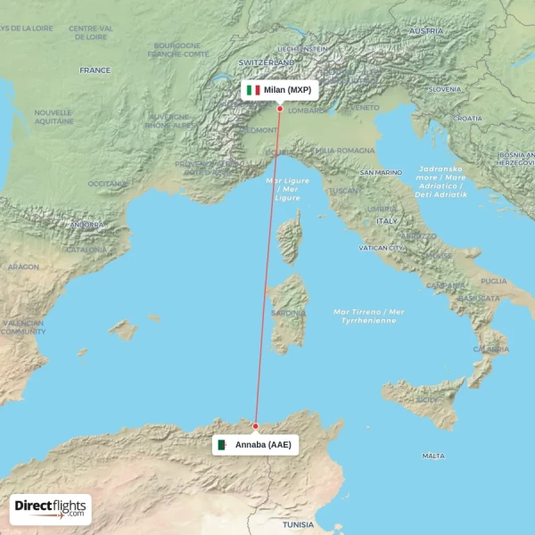 Milan - Annaba direct flight map