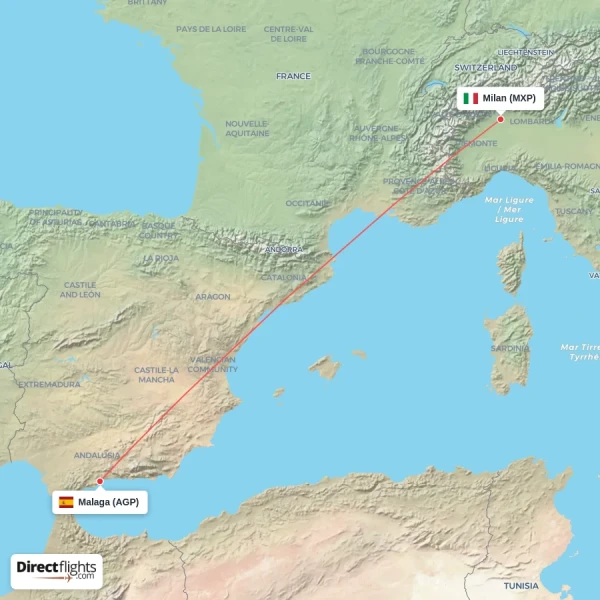 Milan - Malaga direct flight map