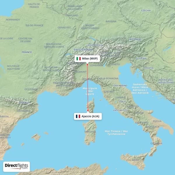 Milan - Ajaccio direct flight map