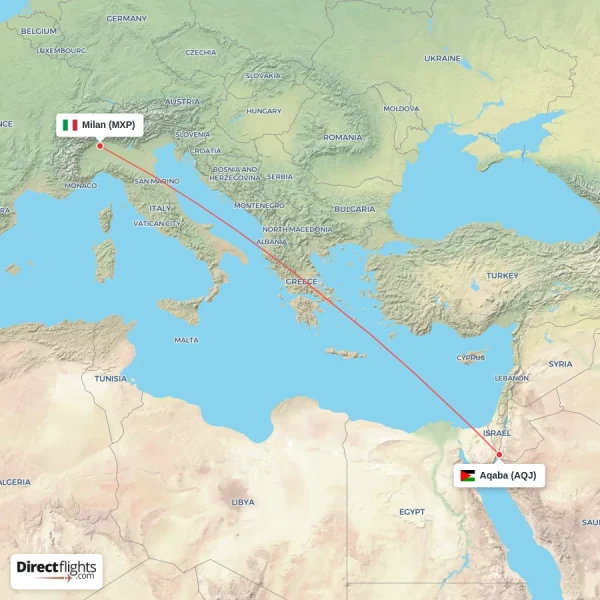 Milan - Aqaba direct flight map