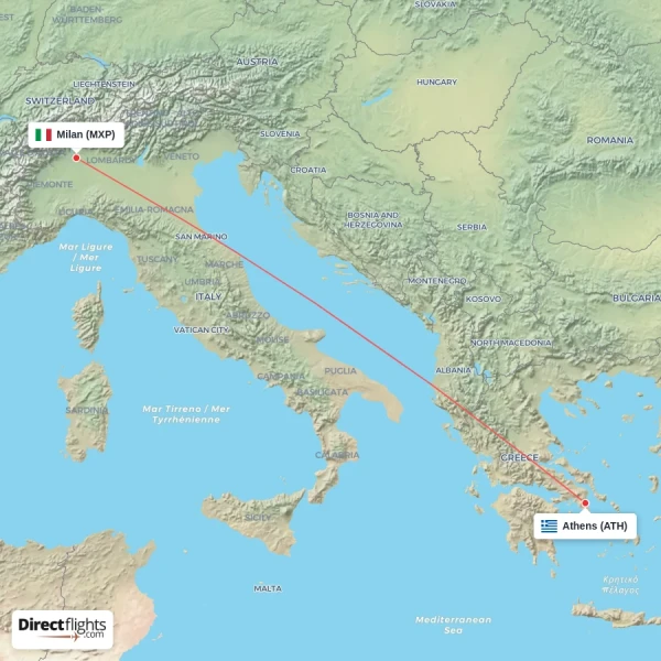 Milan - Athens direct flight map