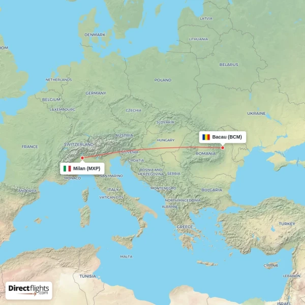 Milan - Bacau direct flight map