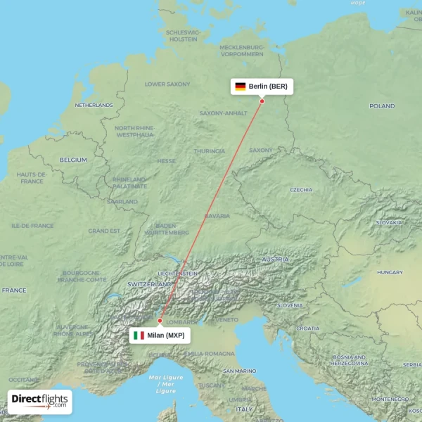 Milan - Berlin direct flight map