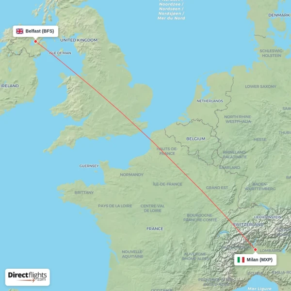Milan - Belfast direct flight map