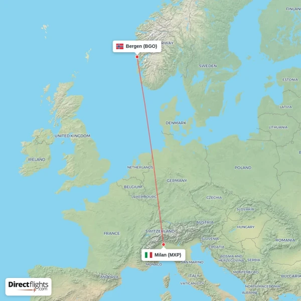Milan - Bergen direct flight map