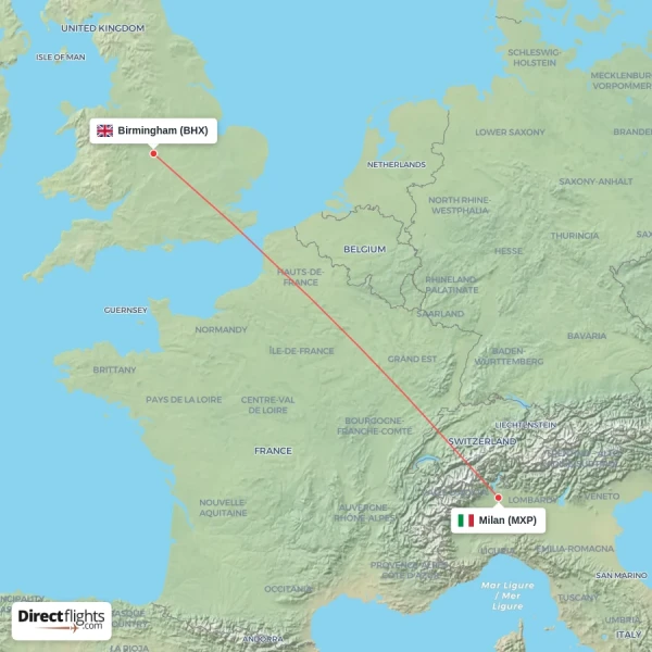 Milan - Birmingham direct flight map