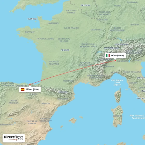 Milan - Bilbao direct flight map
