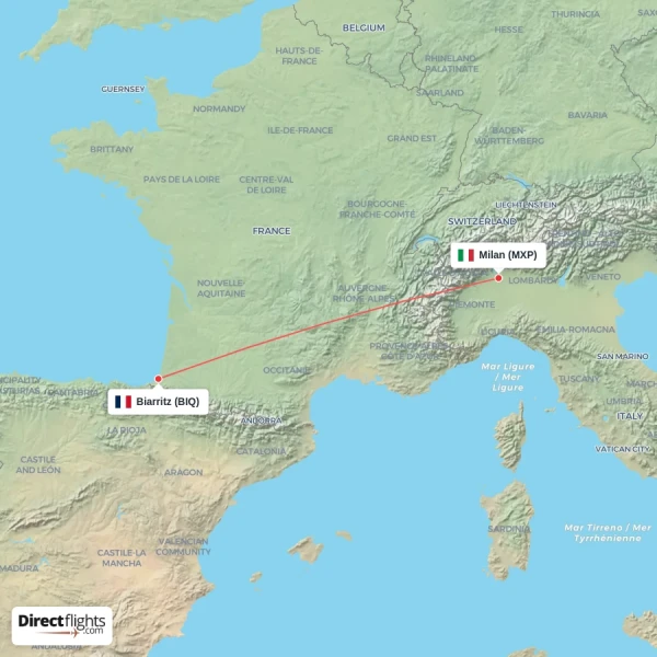 Milan - Biarritz direct flight map
