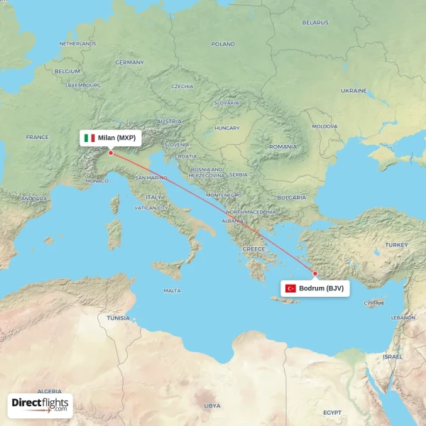 Milan - Bodrum direct flight map