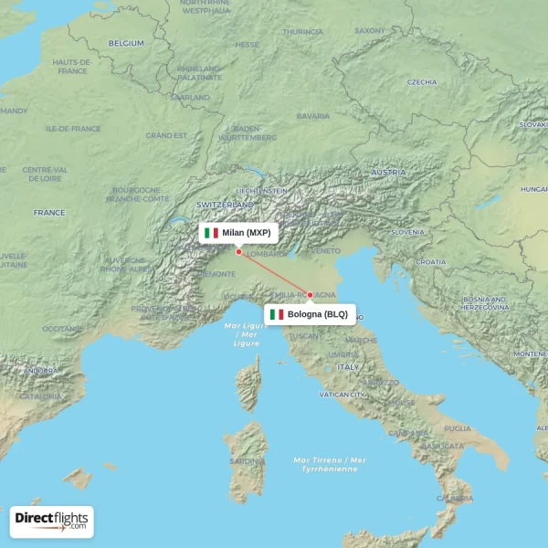 Milan - Bologna direct flight map