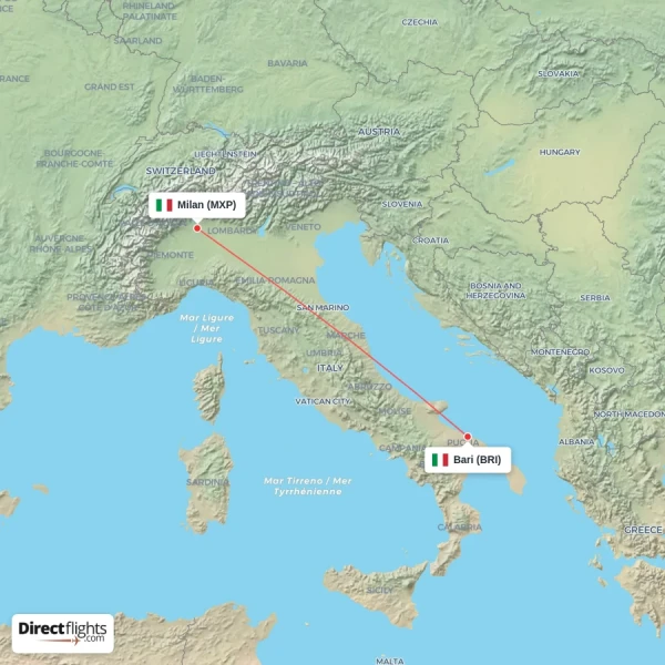 Milan - Bari direct flight map