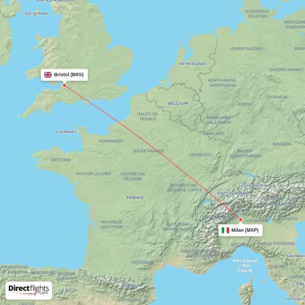 Milan - Bristol direct flight map