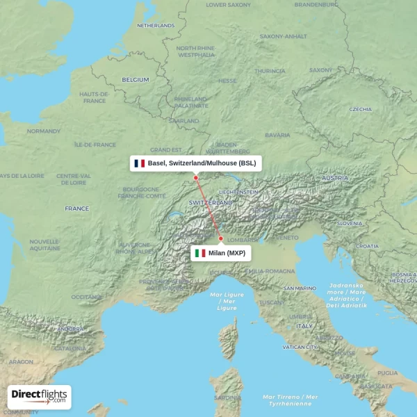 Milan - Basel, Switzerland/Mulhouse direct flight map