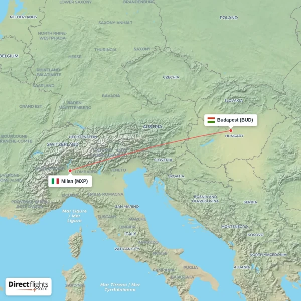 Milan - Budapest direct flight map