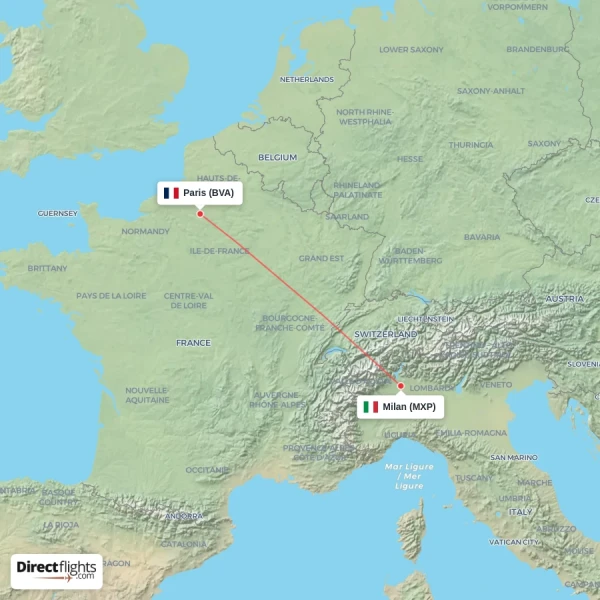 Milan - Paris direct flight map