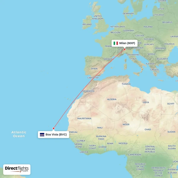 Milan - Boa Vista direct flight map