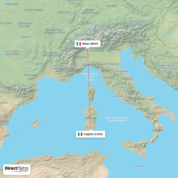 Milan - Cagliari direct flight map