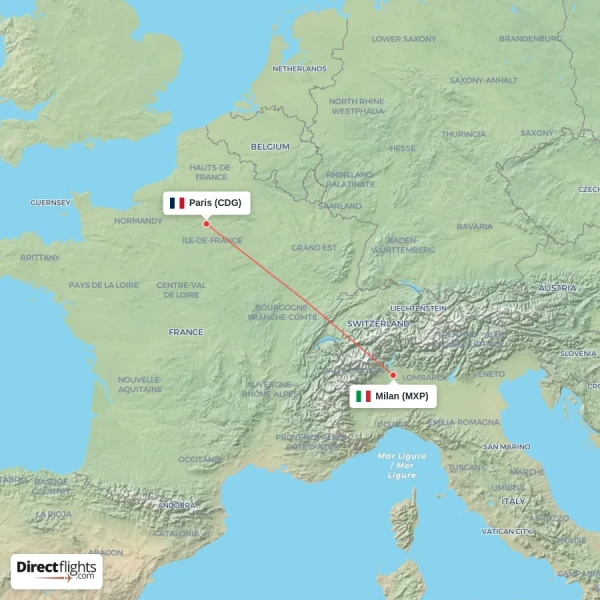 Milan - Paris direct flight map