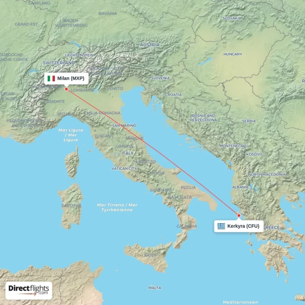 Milan - Kerkyra direct flight map