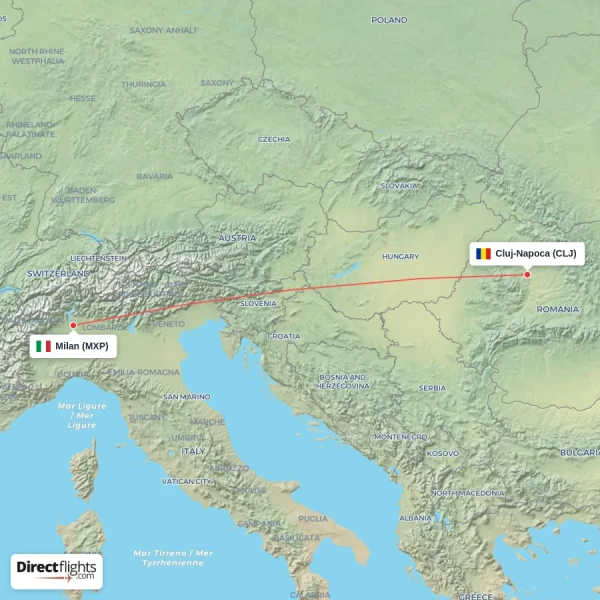 Milan - Cluj-Napoca direct flight map