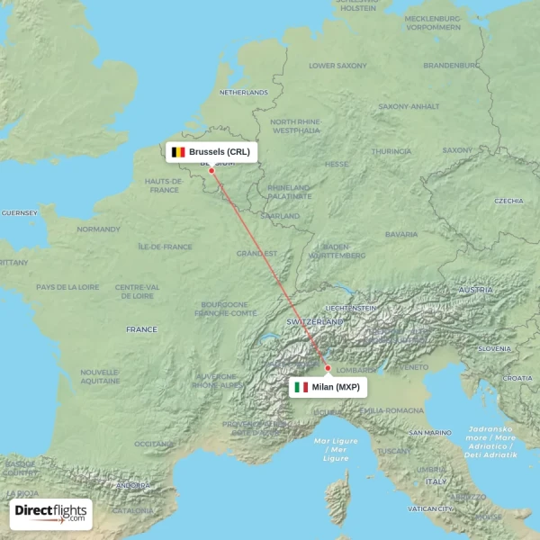 Milan - Brussels direct flight map