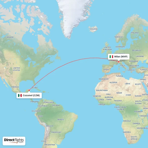 Milan - Cozumel direct flight map
