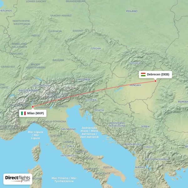 Milan - Debrecen direct flight map