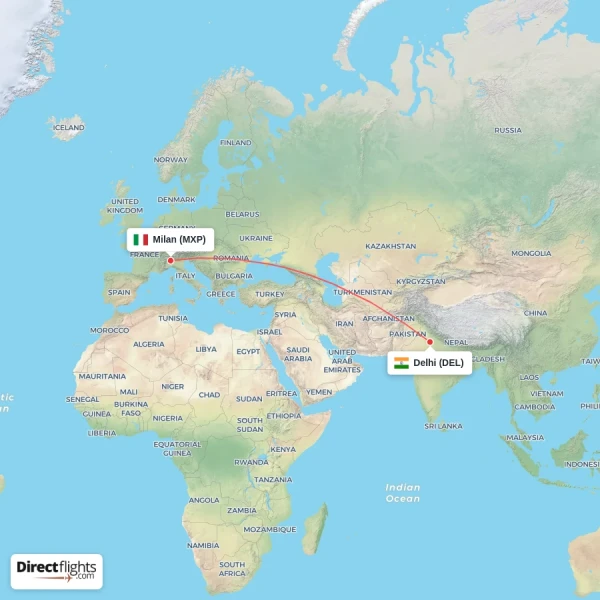Milan - Delhi direct flight map