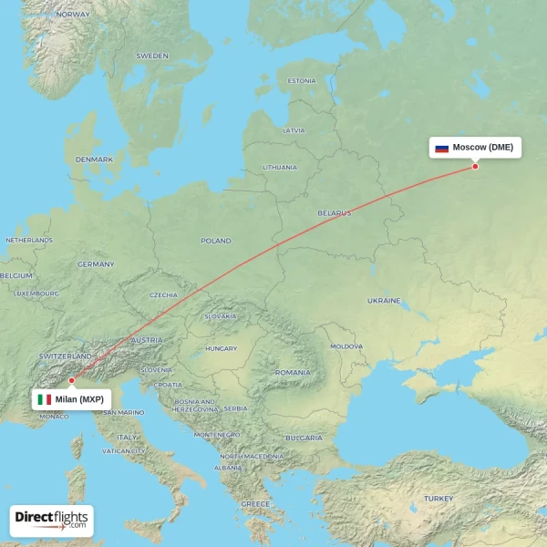 Milan - Moscow direct flight map