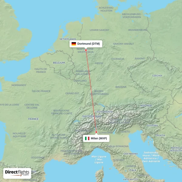 Milan - Dortmund direct flight map