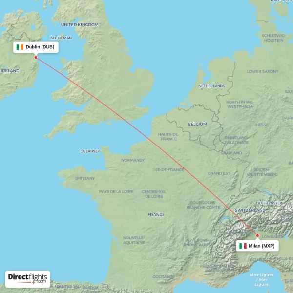Milan - Dublin direct flight map