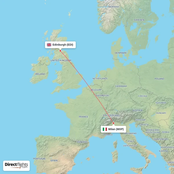 Milan - Edinburgh direct flight map