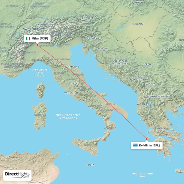 Milan - Kefallinia direct flight map