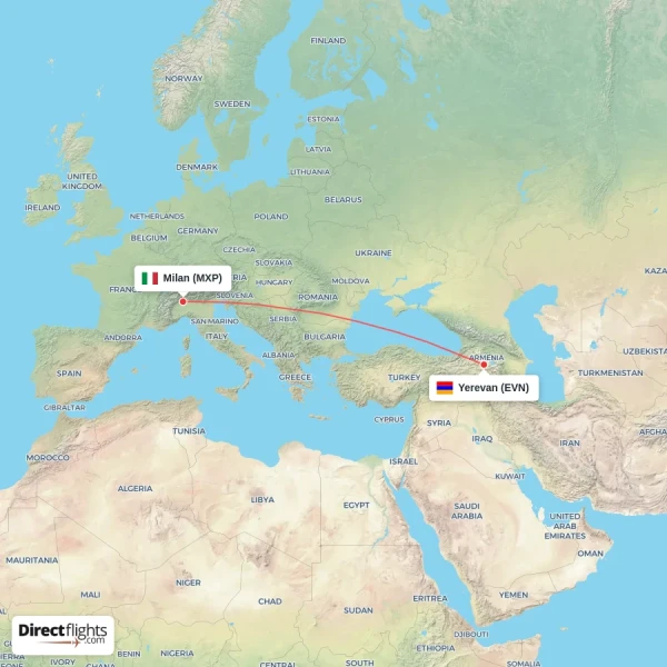 Milan - Yerevan direct flight map