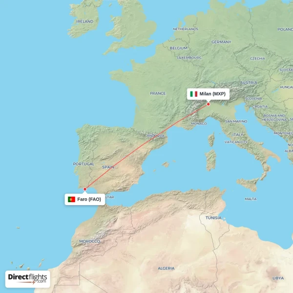 Milan - Faro direct flight map