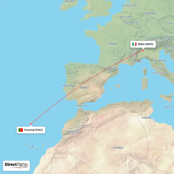 Milan - Funchal direct flight map