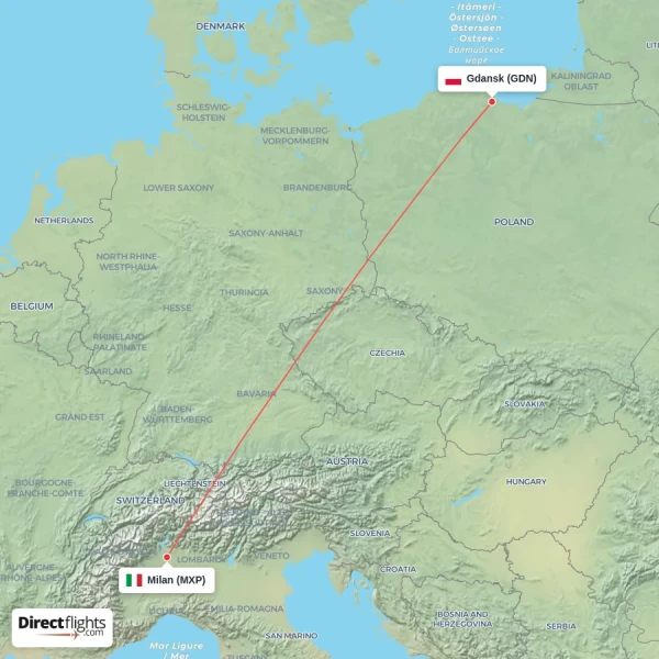 Milan - Gdansk direct flight map