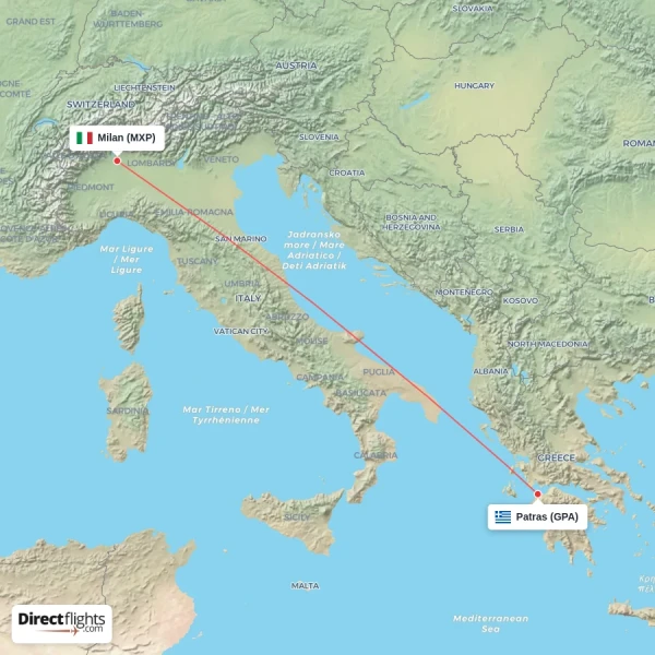 Milan - Patras direct flight map