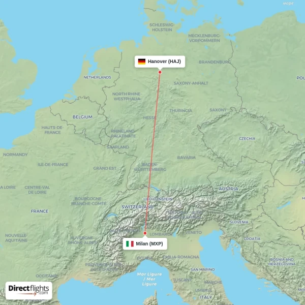 Milan - Hanover direct flight map