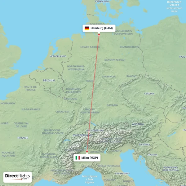 Milan - Hamburg direct flight map