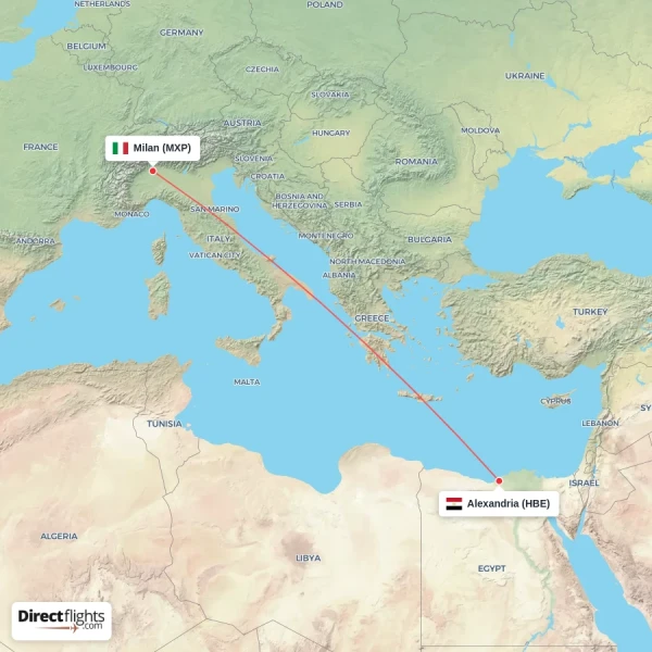 Milan - Alexandria direct flight map