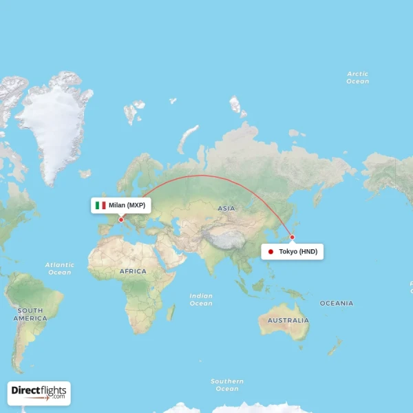 Milan - Tokyo direct flight map